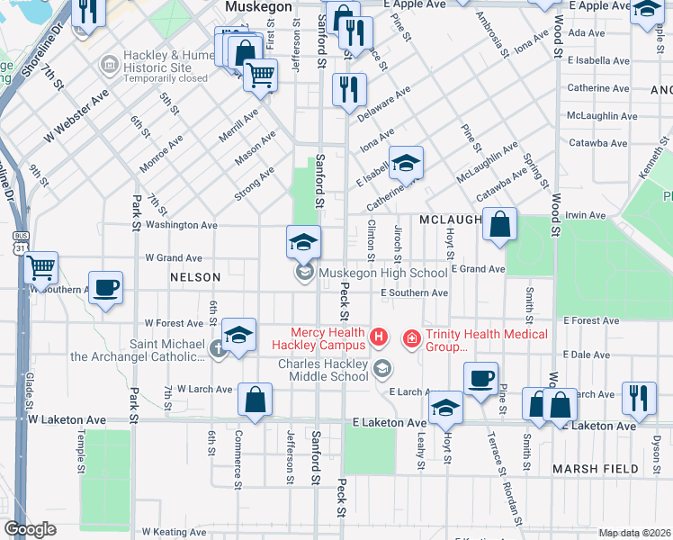 map of restaurants, bars, coffee shops, grocery stores, and more near 1470 Peck Street in Muskegon