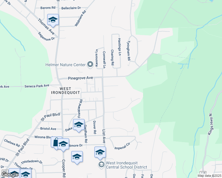 map of restaurants, bars, coffee shops, grocery stores, and more near 223 Pinewood Trail in Rochester