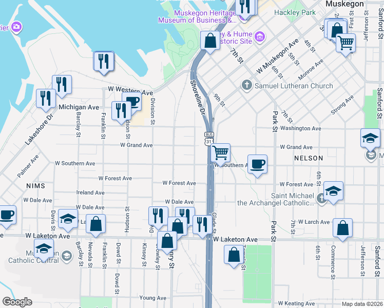 map of restaurants, bars, coffee shops, grocery stores, and more near 1517 Beidler Street in Muskegon