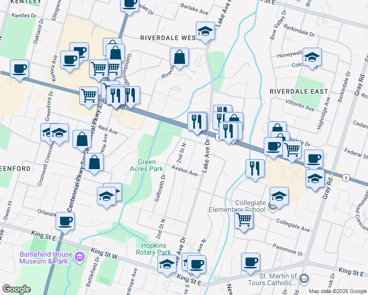 map of restaurants, bars, coffee shops, grocery stores, and more near 114 2nd Street North in Hamilton
