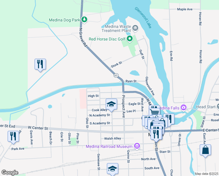 map of restaurants, bars, coffee shops, grocery stores, and more near 100 Catherine Street in Medina