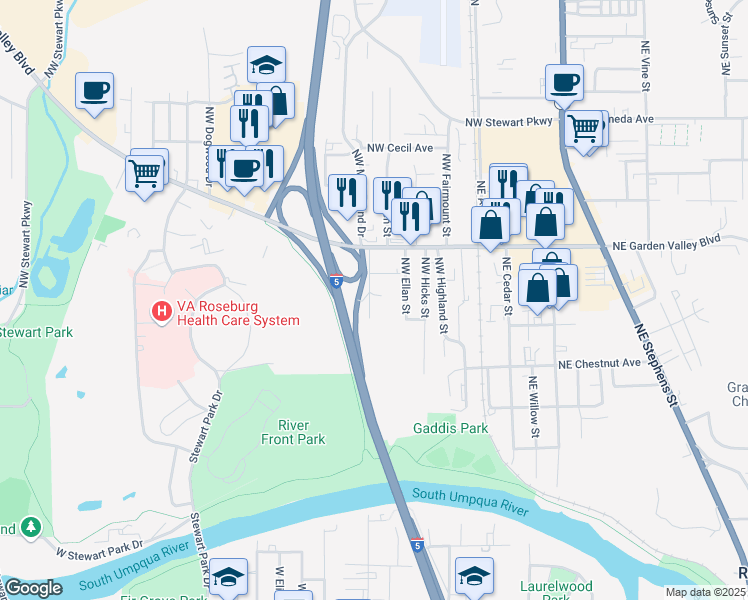 map of restaurants, bars, coffee shops, grocery stores, and more near 1249 Northwest Munson Court in Roseburg