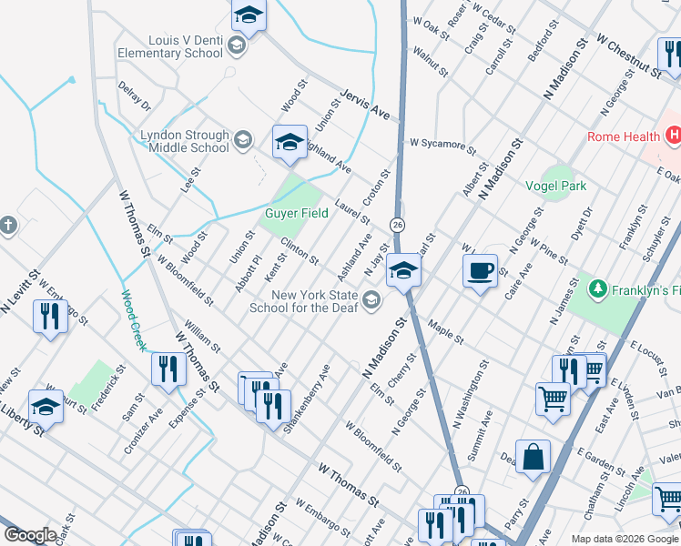 map of restaurants, bars, coffee shops, grocery stores, and more near 739 North Jay Street in Rome