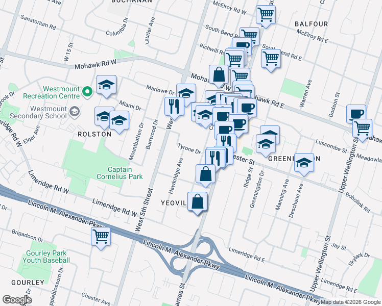 map of restaurants, bars, coffee shops, grocery stores, and more near 19 Tyrone Drive in Hamilton