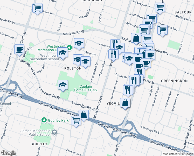 map of restaurants, bars, coffee shops, grocery stores, and more near 130 Burrwood Drive in Hamilton