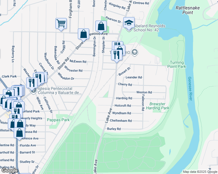 map of restaurants, bars, coffee shops, grocery stores, and more near 10 West Boulevard Parkway in Rochester