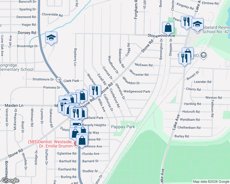 map of restaurants, bars, coffee shops, grocery stores, and more near 337 Stone Road in Rochester