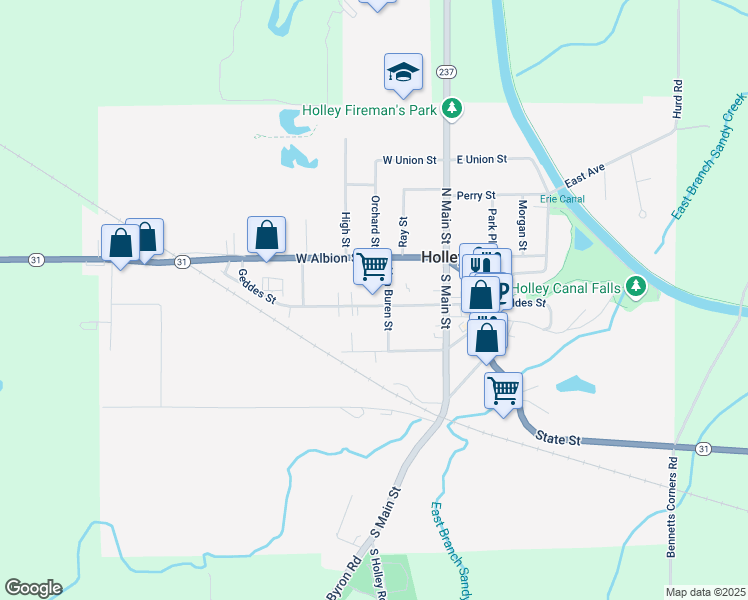 map of restaurants, bars, coffee shops, grocery stores, and more near 51 Geddes Street in Holley