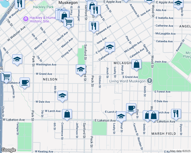 map of restaurants, bars, coffee shops, grocery stores, and more near 1470 Peck Street in Muskegon