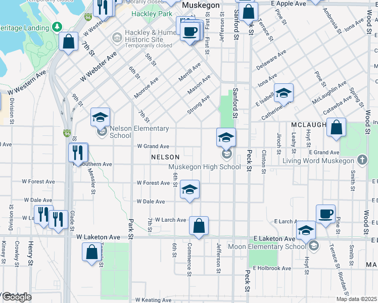 map of restaurants, bars, coffee shops, grocery stores, and more near 250 West Grand Avenue in Muskegon