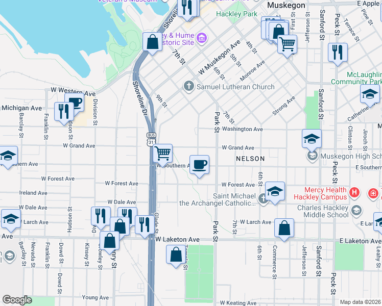 map of restaurants, bars, coffee shops, grocery stores, and more near 517 West Grand Avenue in Muskegon