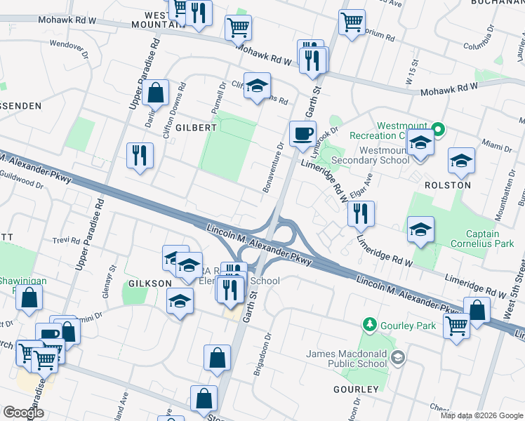 map of restaurants, bars, coffee shops, grocery stores, and more near 125 Bonaventure Drive in Hamilton