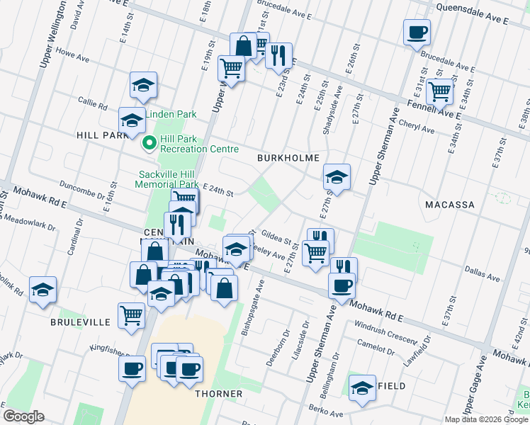 map of restaurants, bars, coffee shops, grocery stores, and more near 484 East 25th Street in Hamilton