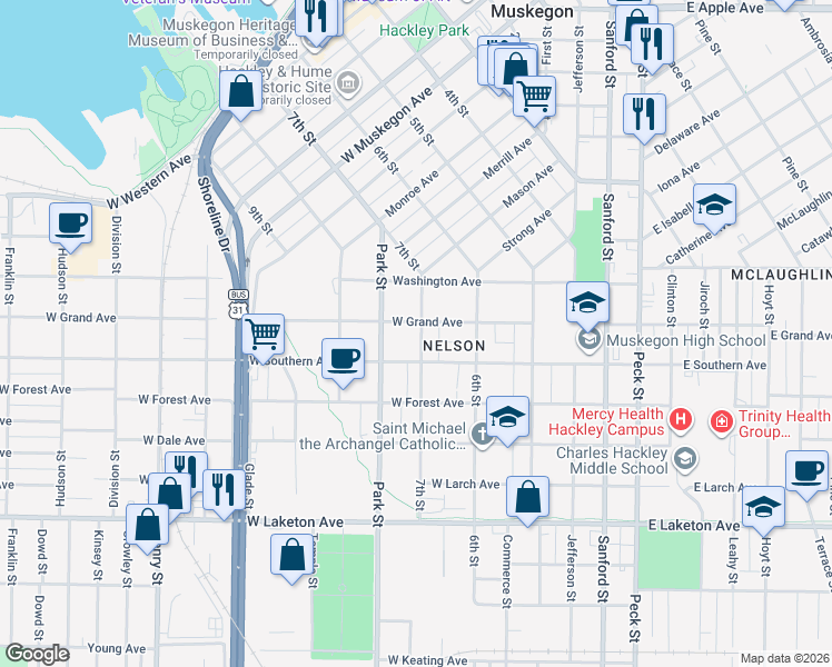 map of restaurants, bars, coffee shops, grocery stores, and more near 376 West Grand Avenue in Muskegon