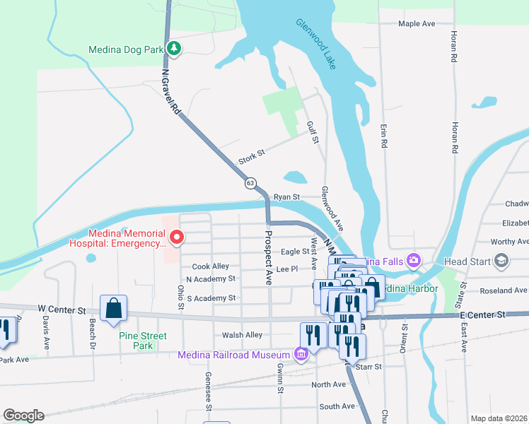 map of restaurants, bars, coffee shops, grocery stores, and more near 104 Prospect Avenue in Medina