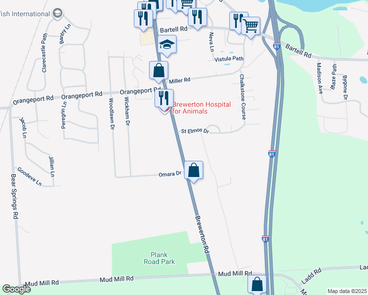 map of restaurants, bars, coffee shops, grocery stores, and more near 9420 Brewerton Road in Brewerton