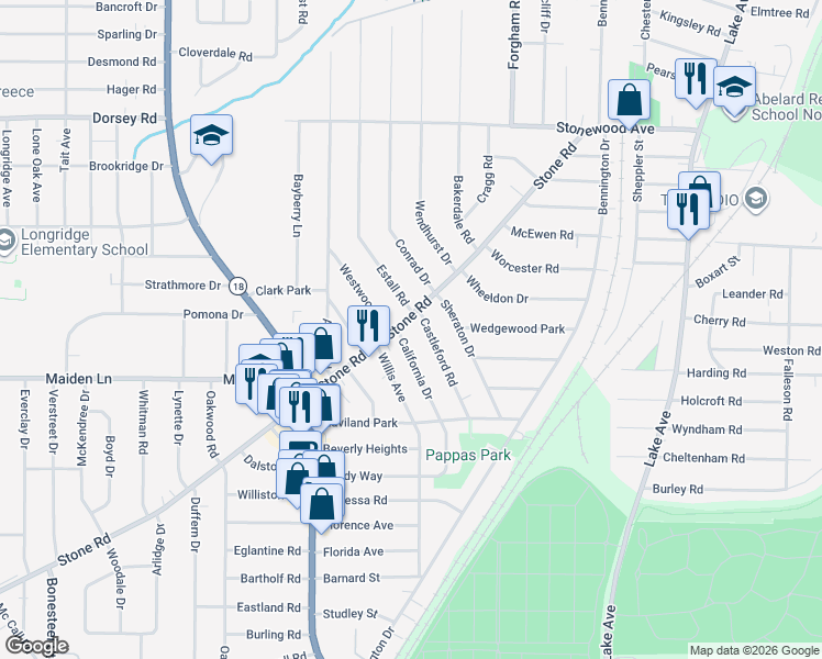 map of restaurants, bars, coffee shops, grocery stores, and more near 337 Stone Road in Rochester