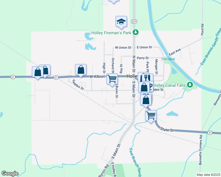 map of restaurants, bars, coffee shops, grocery stores, and more near 51 Geddes Street in Holley