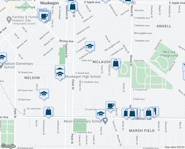 map of restaurants, bars, coffee shops, grocery stores, and more near 135 East Grand Avenue in Muskegon