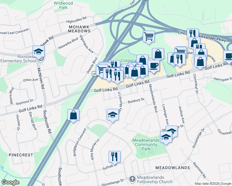 map of restaurants, bars, coffee shops, grocery stores, and more near 737 Golf Links Road in Hamilton