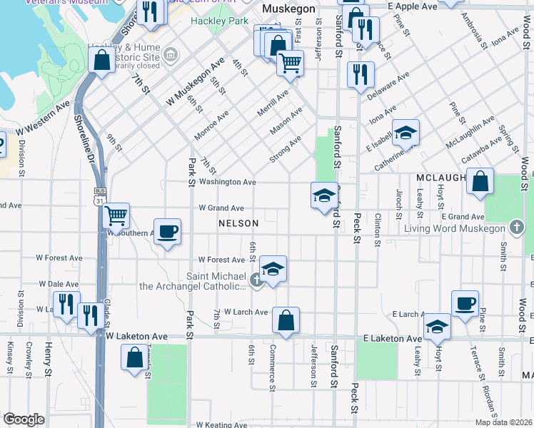 map of restaurants, bars, coffee shops, grocery stores, and more near 237 West Grand Avenue in Muskegon