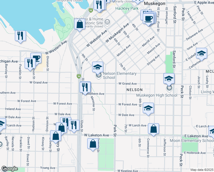 map of restaurants, bars, coffee shops, grocery stores, and more near 1506 8th Street in Muskegon