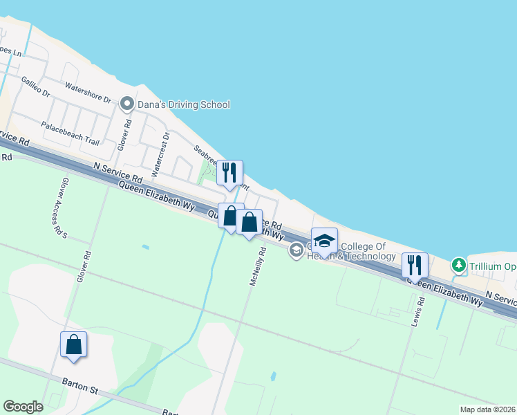 map of restaurants, bars, coffee shops, grocery stores, and more near 45 Seabreeze Crescent in Hamilton