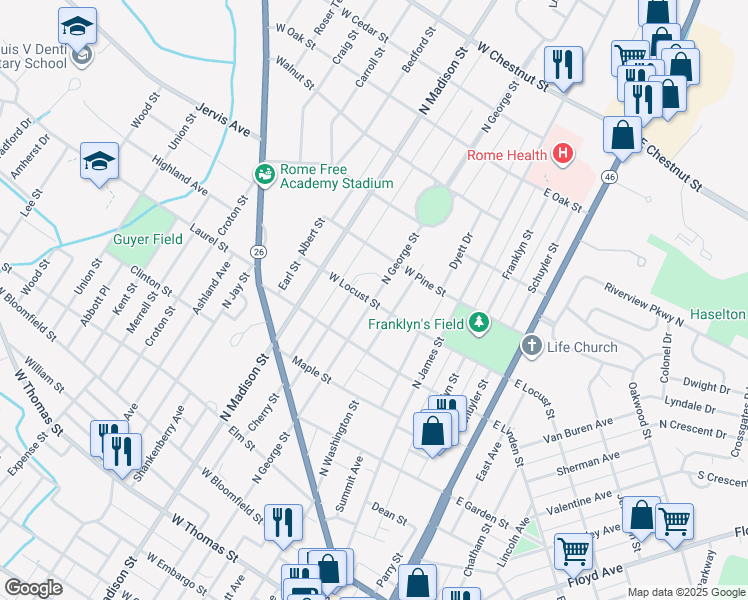 map of restaurants, bars, coffee shops, grocery stores, and more near 1104 North George Street in Rome