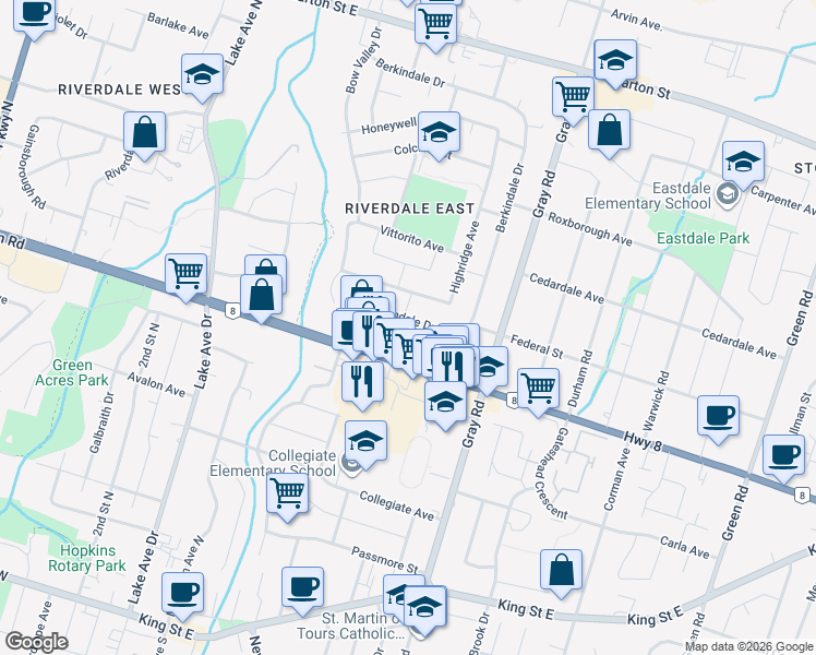 map of restaurants, bars, coffee shops, grocery stores, and more near 481 Berkindale Drive in Hamilton