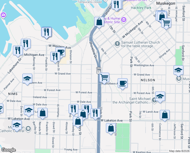 map of restaurants, bars, coffee shops, grocery stores, and more near 709 West Grand Avenue in Muskegon
