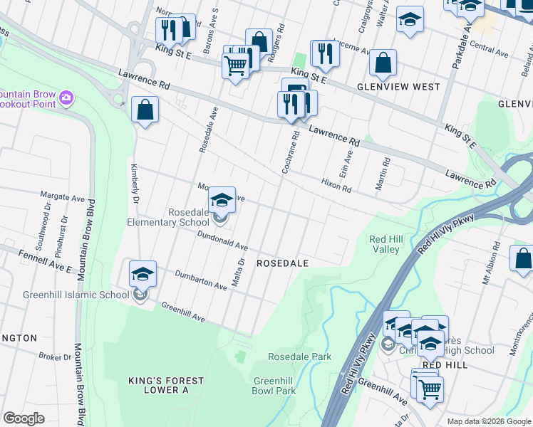 map of restaurants, bars, coffee shops, grocery stores, and more near 520 Cochrane Road in Hamilton