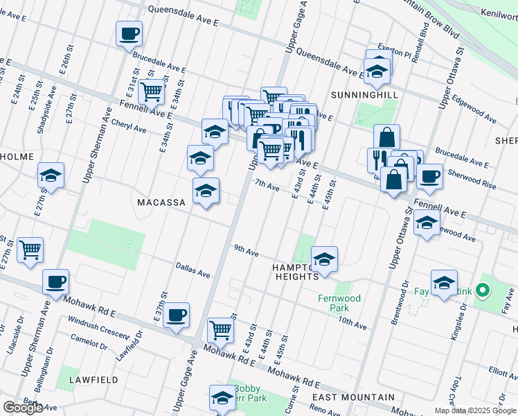 map of restaurants, bars, coffee shops, grocery stores, and more near 312 East 42nd Street in Hamilton