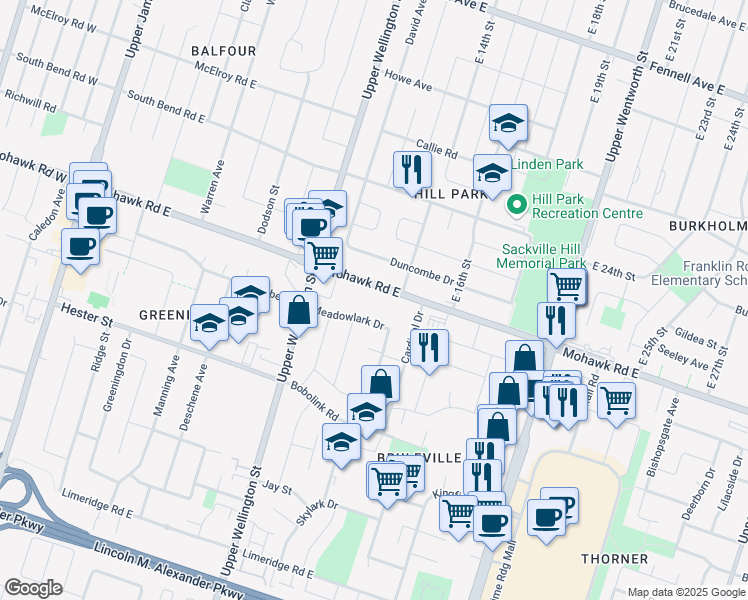 map of restaurants, bars, coffee shops, grocery stores, and more near 253 Mohawk Road East in Hamilton