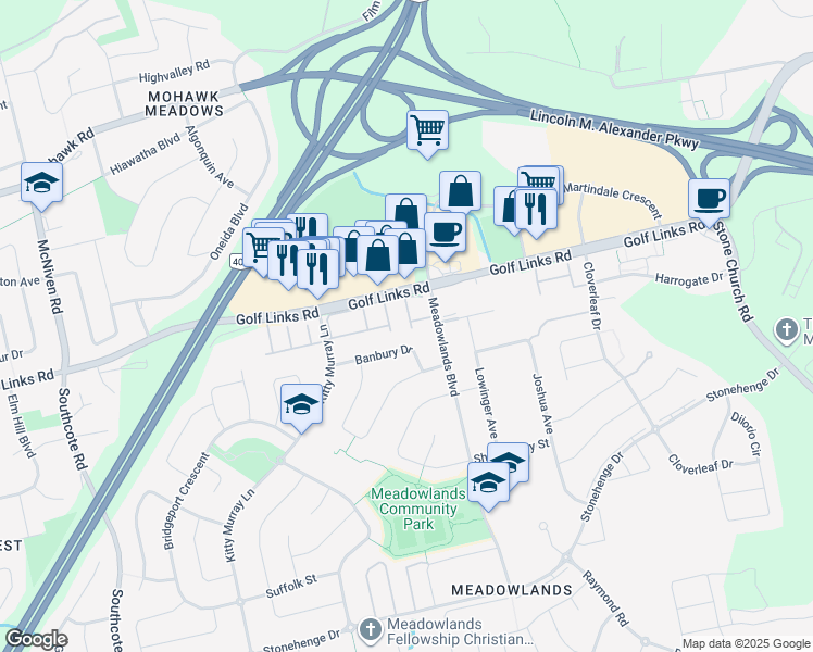 map of restaurants, bars, coffee shops, grocery stores, and more near 20 Meadowlands Boulevard in Hamilton