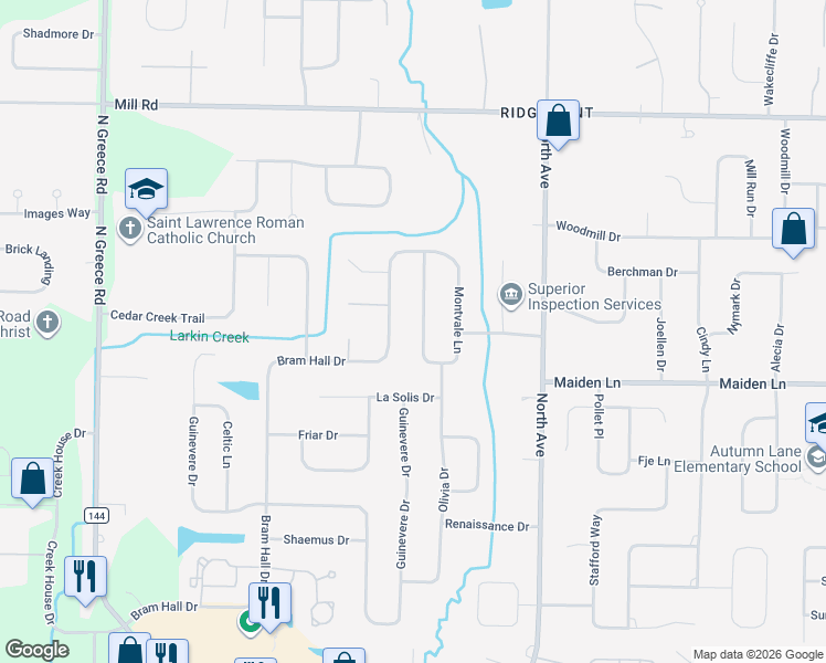 map of restaurants, bars, coffee shops, grocery stores, and more near 125 Montvale Lane in Rochester