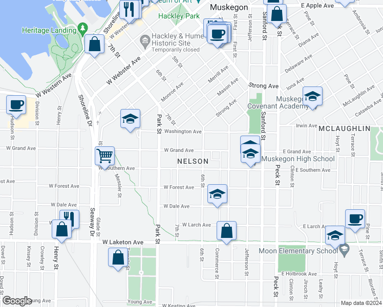 map of restaurants, bars, coffee shops, grocery stores, and more near 313 West Grand Avenue in Muskegon