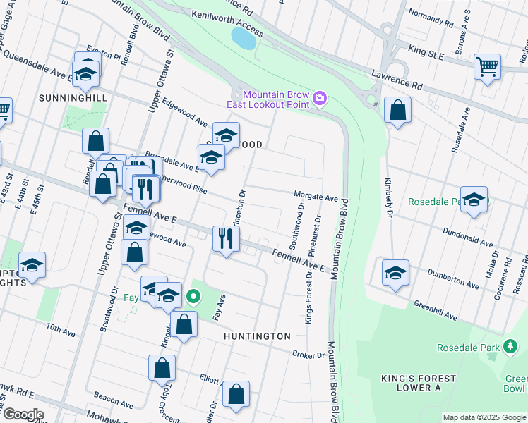 map of restaurants, bars, coffee shops, grocery stores, and more near 192 Sherwood Rise in Hamilton