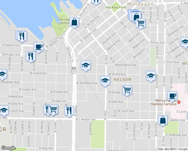 map of restaurants, bars, coffee shops, grocery stores, and more near 517 West Grand Avenue in Muskegon