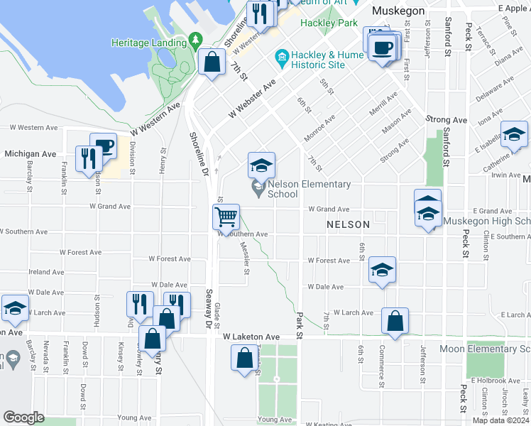 map of restaurants, bars, coffee shops, grocery stores, and more near 523 West Grand Avenue in Muskegon