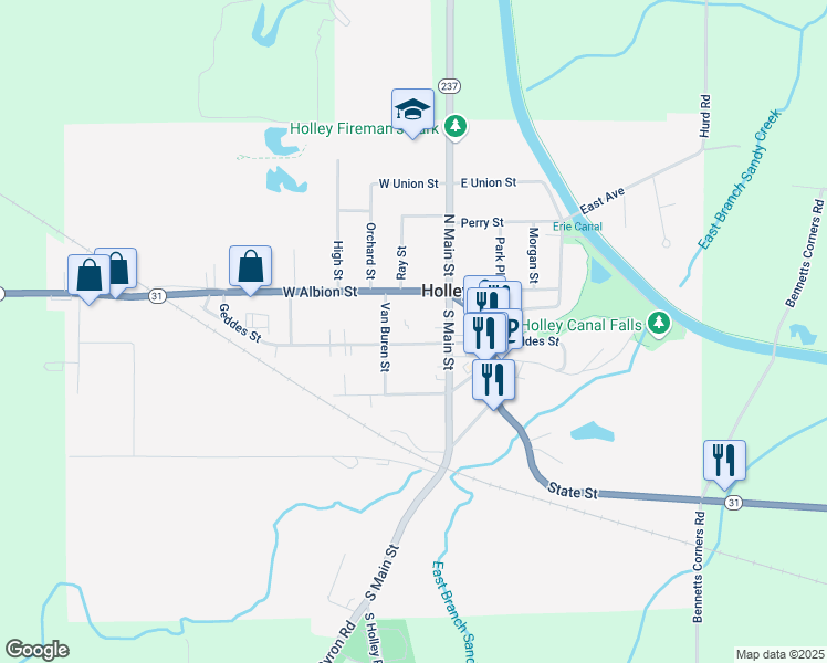 map of restaurants, bars, coffee shops, grocery stores, and more near 37 Geddes Street in Holley