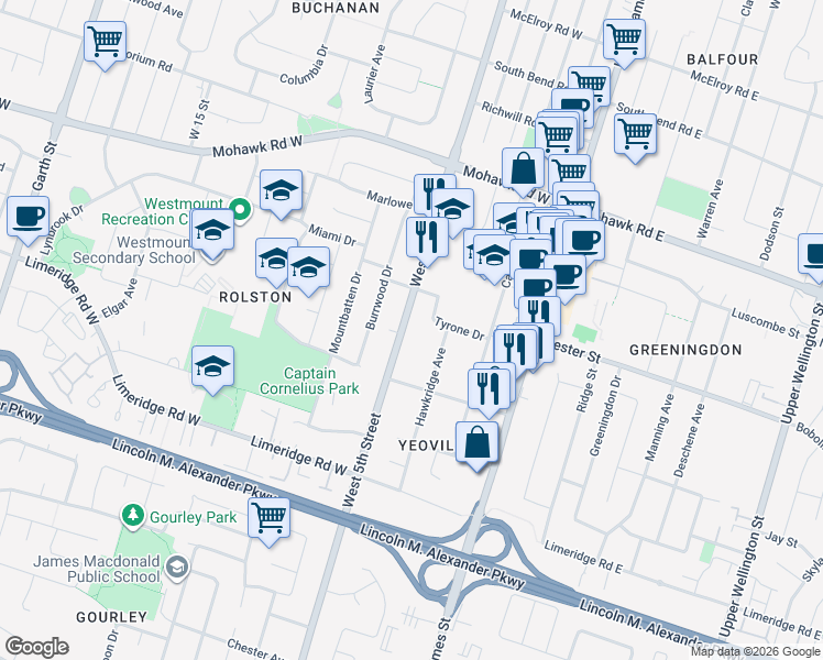 map of restaurants, bars, coffee shops, grocery stores, and more near 617 West 5th Street in Hamilton