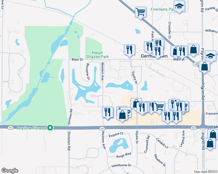 map of restaurants, bars, coffee shops, grocery stores, and more near N114W16771 Royal Court in Germantown
