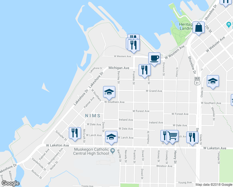 map of restaurants, bars, coffee shops, grocery stores, and more near 1125 West Grand Avenue in Muskegon