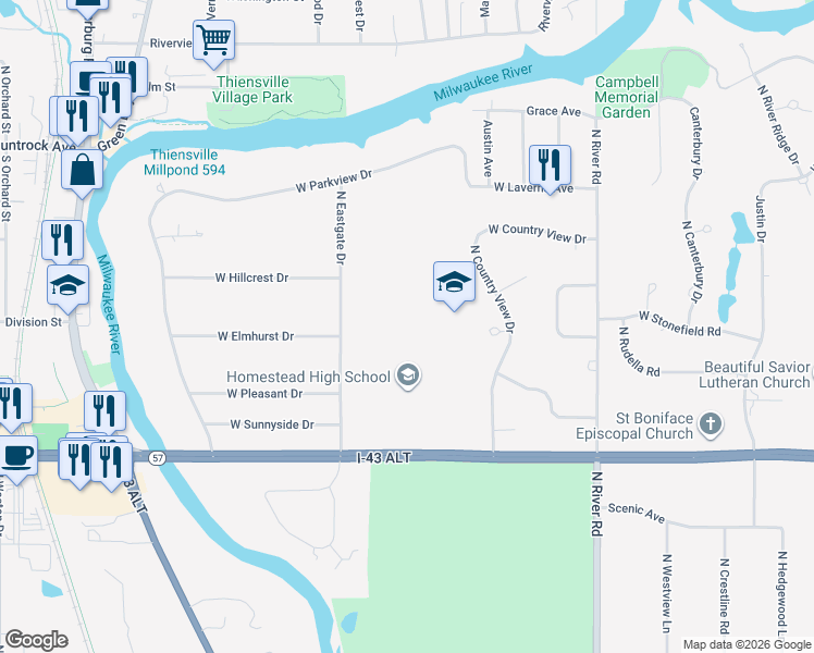 map of restaurants, bars, coffee shops, grocery stores, and more near 5000 West Mequon Road in Mequon