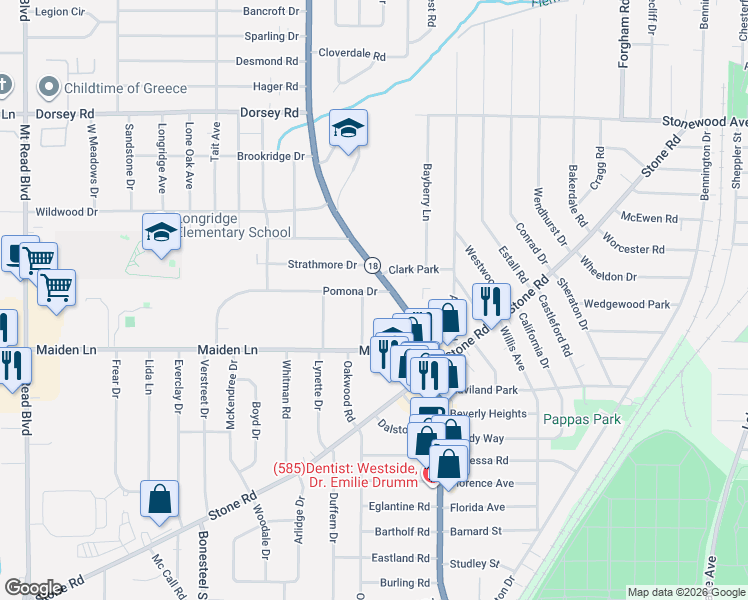 map of restaurants, bars, coffee shops, grocery stores, and more near 35 Pomona Drive in Rochester