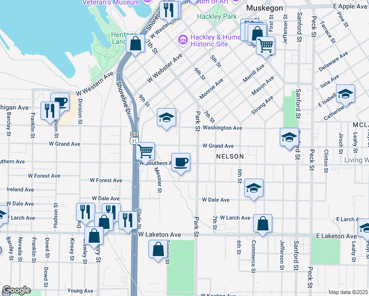 map of restaurants, bars, coffee shops, grocery stores, and more near 517 West Grand Avenue in Muskegon