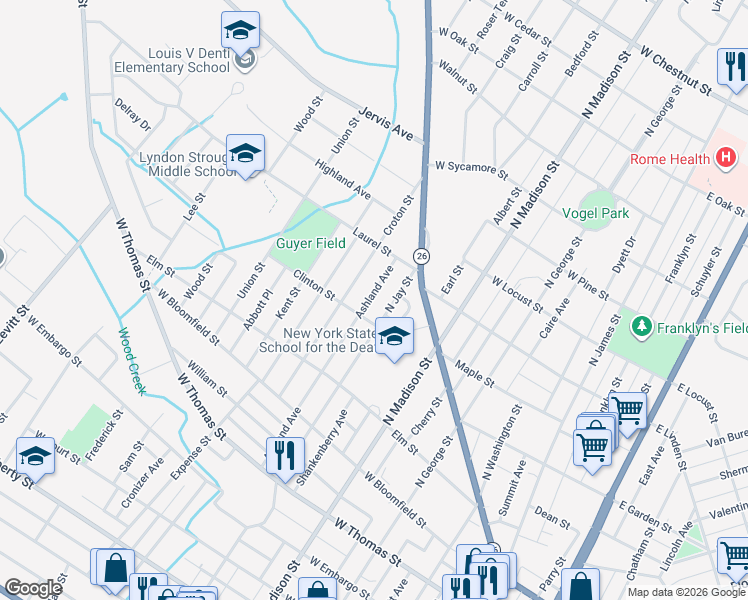 map of restaurants, bars, coffee shops, grocery stores, and more near 739 North Jay Street in Rome