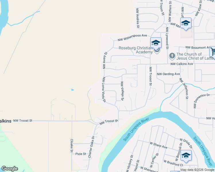 map of restaurants, bars, coffee shops, grocery stores, and more near 2309 Northwest Parkdale Avenue in Roseburg