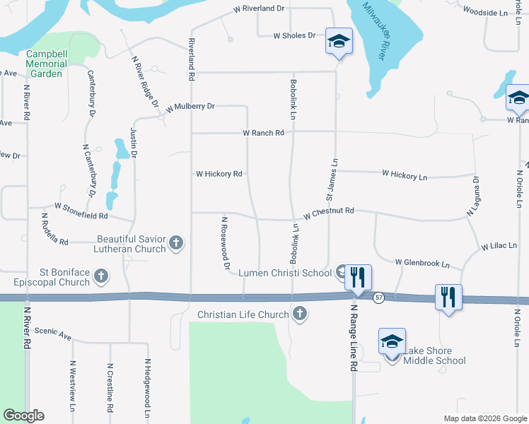 map of restaurants, bars, coffee shops, grocery stores, and more near 11400 Mulberry Drive in Mequon