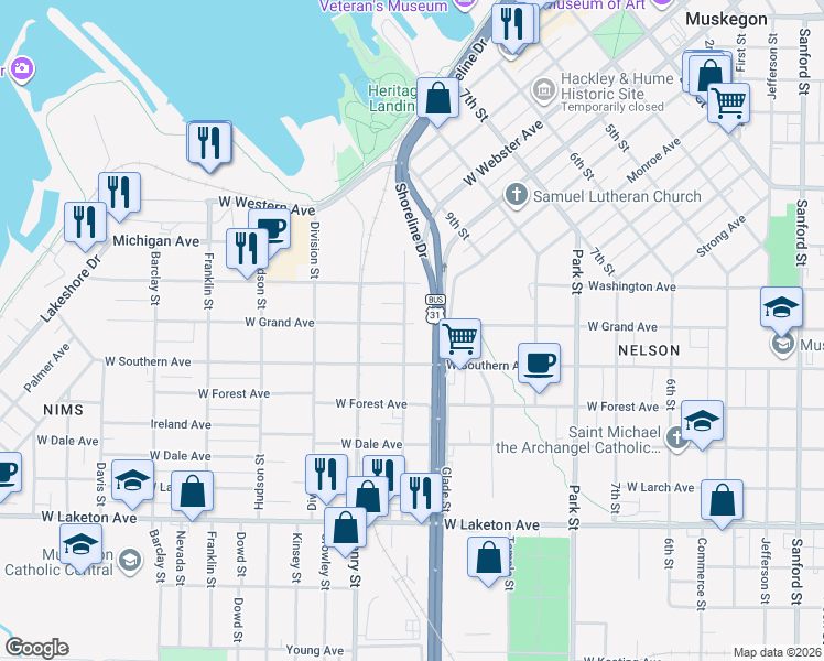 map of restaurants, bars, coffee shops, grocery stores, and more near 709 West Grand Avenue in Muskegon